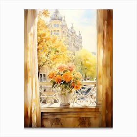 Window View Of Zagreb Croatia In Autumn Fall, Watercolour 2 Canvas Print