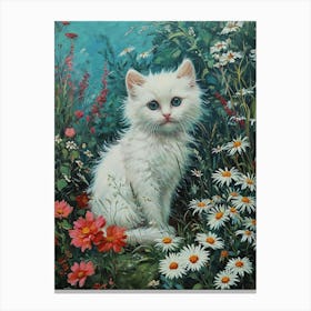 White Kitten In Field Of Daisies Rococo Inspired 3 Canvas Print
