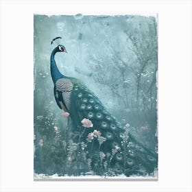 Cyanotype Peacock Collage With Flowers Canvas Print