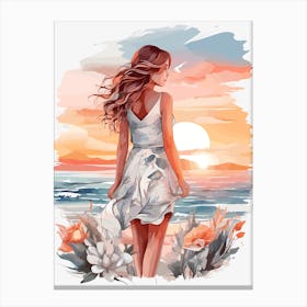 Girl At The Beach At Sunset Art Print Canvas Print