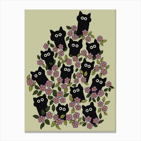 Cute Black Cats Popping Out In Purple Wild Flowers Garden Beautiful Art Canvas Print