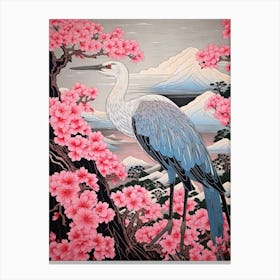 Pink Blossoms And Crane 2 Vintage Japanese Botanical Canvas Print