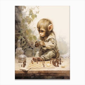 Monkey Painting Playing Chess Watercolour 1 Canvas Print