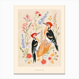 Folksy Floral Animal Drawing Woodpecker 2 Poster Canvas Print