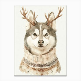 Husky Dog In Christmas Jumper And Reindeer Antlers Neutral Canvas Print