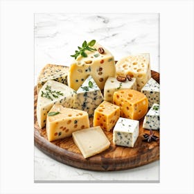 A Distressing Watercolor Of Various Cheese Textures Dice Akin To Cheese Slices Scattered On A Charm Canvas Print