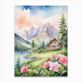 Watercolor Of A Mountain Cabin Canvas Print