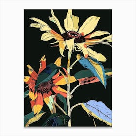 Neon Flowers On Black Sunflower 3 Canvas Print