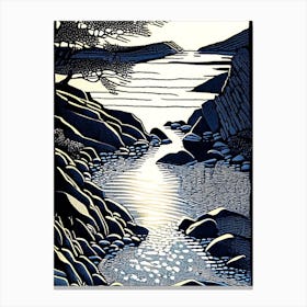 Water Over Stones In Sunlight Water Landscapes Waterscape Linocut 1 Canvas Print