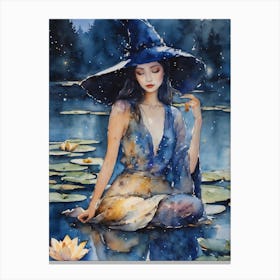 Blue Lotus Witch ~ Fairytale Witchy Pagan Elven Full Moon Witchcraft Oriental Watercolor Painting Sacred Spirit Canvas Print