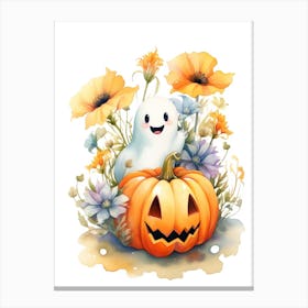 Cute Ghost With Pumpkins Halloween Watercolour 63 Canvas Print
