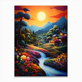 "Valley's Fiery Serenity: Sunset's Golden Embrace" Canvas Print