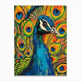 Peacock & Feathers Colourful Portrait 6 Canvas Print