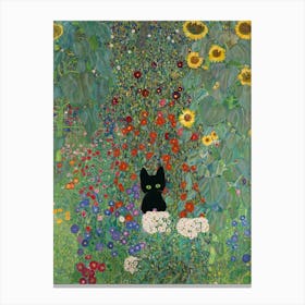 Gustav Klimt Style, Farm Garden With Sunflowers And A Black Cat 2 Art Print Canvas Print