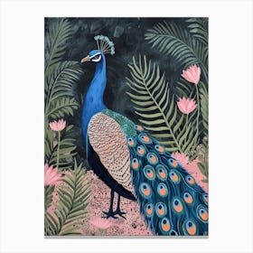 Folky Floral Peacock With The Big Leaves 2 Canvas Print
