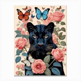 Black Panther With Roses and butterflies Canvas Print