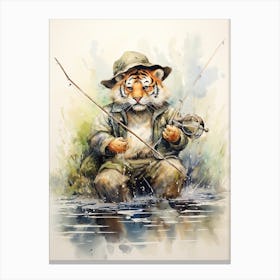 Tiger Illustration Fishing Watercolour 1 Canvas Print