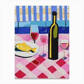 Painting Of A Table With Food And Wine, French Riviera View, Checkered Cloth, Matisse Style 6 Canvas Print