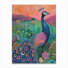 Folk Floral Peacock In The Wild 2 Canvas Print