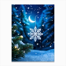 Closeup Of A Single Luminescent Snowflake Catch The Glimmer Of A Quarter Moon Resting On A Coniferou (6) Canvas Print