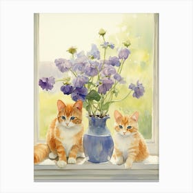 Cat With Pansy Flowers Watercolor Mothers Day Valentines 2 Canvas Print