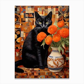 Black Cat With Orange Flowers 3 Canvas Print