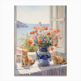 Cat With Geranium Flowers Watercolor Mothers Day Valentines 1 Canvas Print