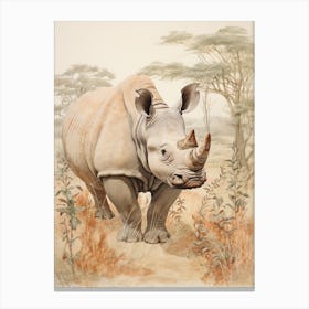 Rhino Walking Through Nature Vintage Illustration 2 Canvas Print