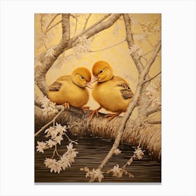 Ducklings Resting On A Tree Branch Japanese Woodblock Style 3 Canvas Print