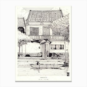 Hoi An Townhouse Art Print - Vietnam Fine Line Sketch - Black Line Illustration, Travel Art Print Canvas Print