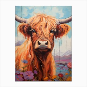 Illustration Of Highland Cow With Wildflowers 2 Canvas Print