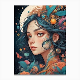 Girl With Blue Hair And Flowers Canvas Print