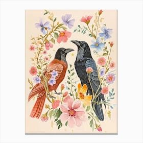 Folksy Floral Animal Drawing Raven Canvas Print