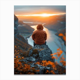 Man Sitting On Cliff At Sunset 1 Canvas Print