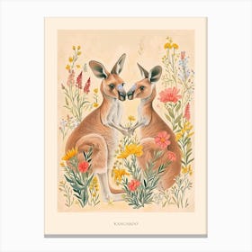 Folksy Floral Animal Drawing Kangaroo Poster Canvas Print