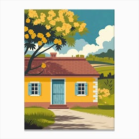 Anime Canvas Art: Cozy Yellow House with Flowering Tree, Orange Branches, and Blue Sky, Perfect for Lofi Aesthetic and Tranquil Nature Lovers. Canvas Print