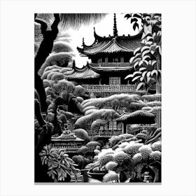 Yuyuan Garden, China Linocut Black And White Vintage Canvas Print