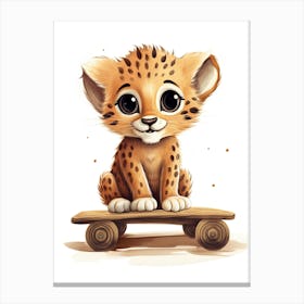 Baby Cheetah On Toy Car, Watercolour Nursery 2 Canvas Print