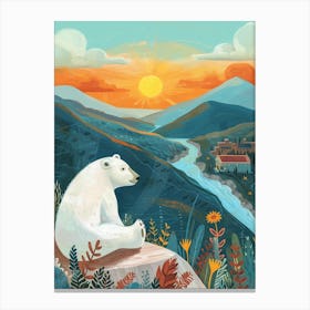 Polar Bear Looking At A Sunset From A Mountaintop Storybook Illustration 3 Canvas Print