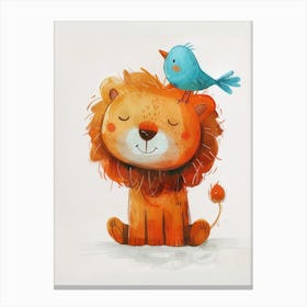 Small Joyful Lion With A Bird On Its Head 2 Canvas Print