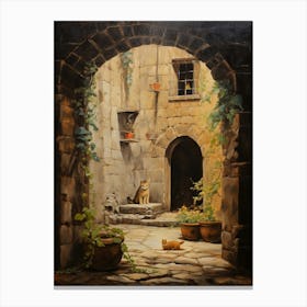 Cats In Medieval Courtyard Canvas Print