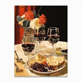 Atutumn Dinner Table With Cheese, Wine And Flowers, Painting Canvas Print