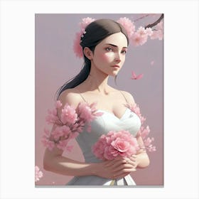 Chinese Girl With Cherry Blossoms Canvas Print