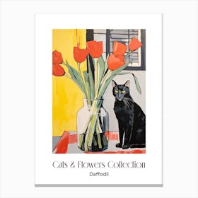 Cats & Flowers Collection Daffodil Flower Vase And A Cat, A Painting In The Style Of Matisse 5 Canvas Print