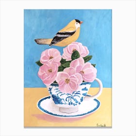 Bird With Pink Flowers And Teacup  Canvas Print