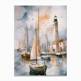 Calm Water Sailboats And Lighthouse 6 Canvas Print