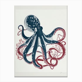 Octopus Red & Blue Silk Screen Inspired 2 Canvas Print