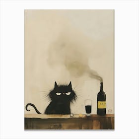 Black Cat With A Bottle Of Wine Canvas Print