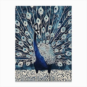 Navy Blue Peacock Linocut Inspired Peacock On A Path 1 Canvas Print