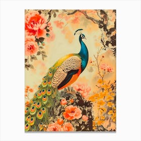 Peacock With Roses Canvas Print